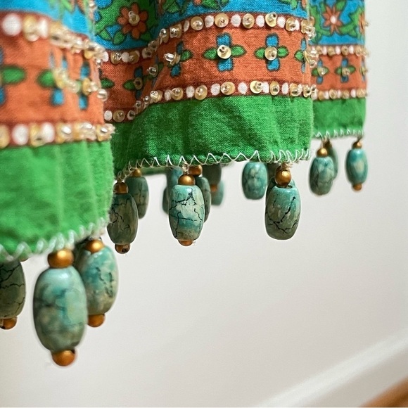 Vintage Bohemian Printed Floral Fit and Flare Strapless Cotton Dress Sequins - Picture 12 of 16